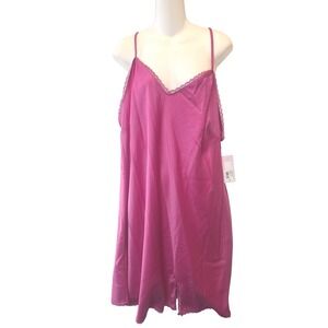 Vibrant Pink Satin Lace Trim Chemise Nightgown 1X NWT